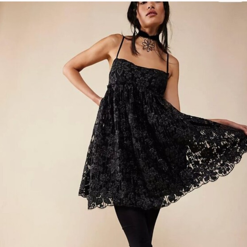 Free People All That Glitters Babydoll Lace Minidress in Black Combo Colorway